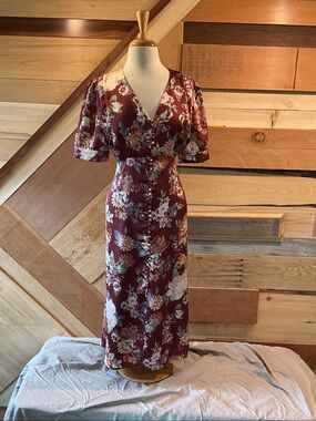 Dress Forum - Elegant Burgundy Floral Midi Dress with Satin Button Front
